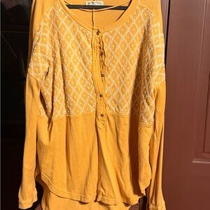 We The Free Mustard Yellow Embroidered Henley Sweater